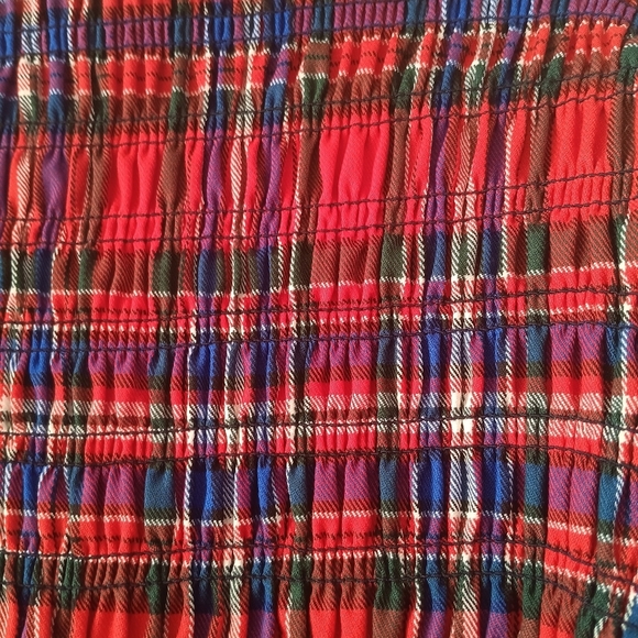 Tanya Taylor Red Plaid Smocked Peplum Cropped Blouse Leather Trim Size 2 - Picture 8 of 11
